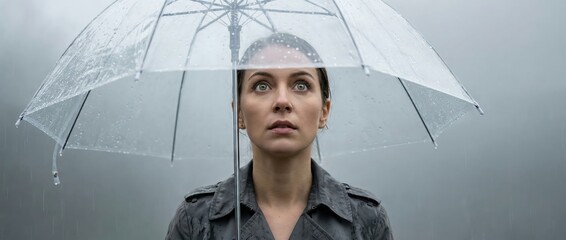 Woman with clear umbrella looking up in rain, surprised expression, atmospheric weather concept