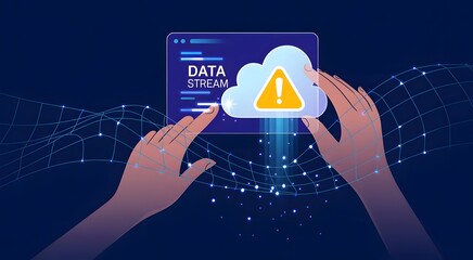 Warning sign on cloud data storage with human hands