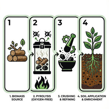  A 4-step infographic showing how biomass is converted to biochar through pyrolysis for soil enrichment, promoting healthy plant growth. Vector illustration