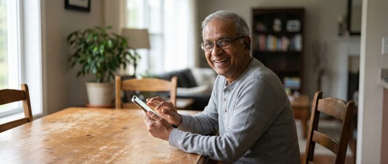 Senior Indian man smiling, using smartphone at wooden table in home Concept of technology, connection, and lifestyle