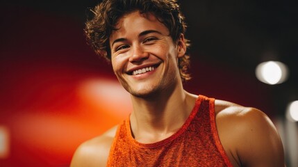 Smiling young man in a gym wearing a red tank top during a workout session