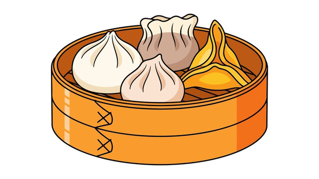 Assorted dim sum dumplings in a traditional bamboo steamer basket isolated on transparent background