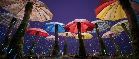 Colorful umbrellas in mossy forest with neon rain, fantasy landscape, whimsical atmosphere