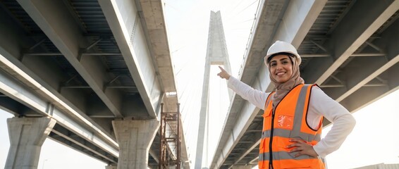 Woman engineer in hard hat and safety vest pointing at bridge construction, smiling confidently Concept of infrastructure development and female leadership