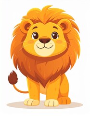Cute cartoon illustration of a friendly lion, a large cat from the genus Panthera, standing proudly and smiling. The lion has a fluffy golden mane, rounded facial features, big expressive eyes.