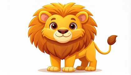 Cute cartoon illustration of a friendly lion, a large cat from the genus Panthera, standing proudly and smiling. The lion has a fluffy golden mane, rounded facial features, big expressive eyes.
