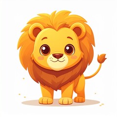 Cute cartoon illustration of a friendly lion, a large cat from the genus Panthera, standing proudly and smiling. The lion has a fluffy golden mane, rounded facial features, big expressive eyes.