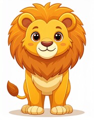 Cute cartoon illustration of a friendly lion, a large cat from the genus Panthera, standing proudly and smiling. The lion has a fluffy golden mane, rounded facial features, big expressive eyes.