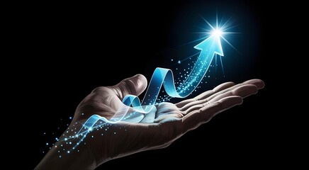 Glowing blue arrow emerging from hand palm upward trend growth concept