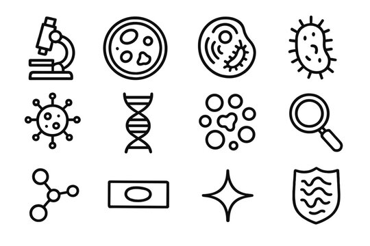Microscopic Icon Collection. Microscopic World set in outline vector style: microscope icon, petri dish, cell structure, bacteria silhouette, virus shape, DNA