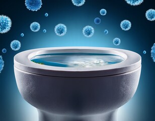 a close up view of a toilet bowl with bacteria floating in the air symbolizing sanitation issues and health risks