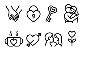 Symbols of Love. Valentine’s Day Affection set in outline vector style: holding hands, heart lock, key of love, warm hug icon, shared cup, heart arrow, gentle kiss symbol, tender blossom