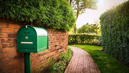 green mailbox on brick wall by a garden path
