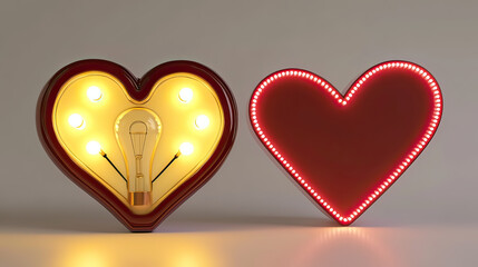 Side by Side Composition of a Yellow Bulb Heart Marquee Sign on transparent background