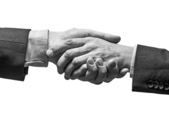 High quality PNG of a person extends a helping hand to another person with a halftone newspaper style effect.