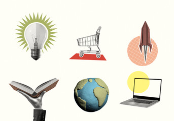 A large set of objects for creating a creativity collage in a halftone style.