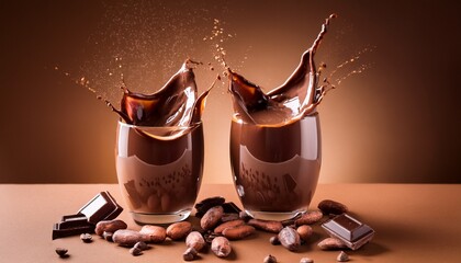 chocolate liquid erupting from two clear glasses with scattered cocoa beans and chocolate pieces on a warm brown surface