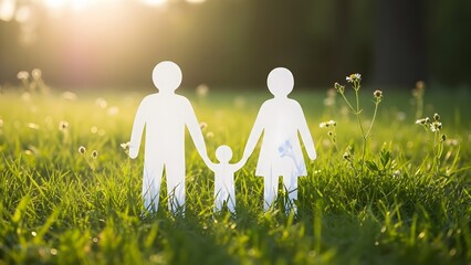 Paper family cutout standing in green grass during sunset. Life insurance and financial planning concept. White silhouette figures representing parents and child in nature