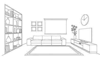 A simple line drawing of a living room with furniture and decor