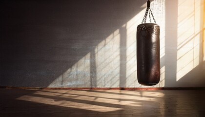 vintage boxing bag in gym with sunlight shadow and texture background