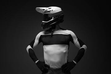 Motocross rider black and white portrait.