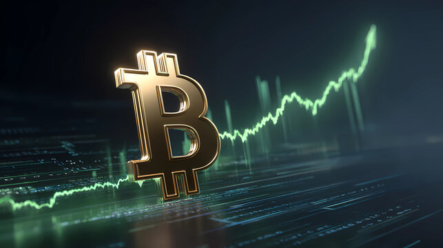 Golden Bitcoin symbol with rising green stock market growth graph