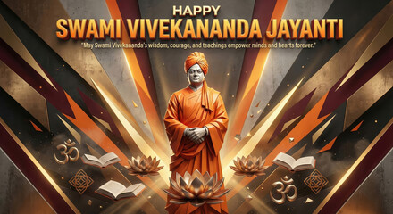 Swami Vivekananda Jayanti celebration with spiritual leader portrait, golden light rays, festive Indian cultural background, motivational quote poster design