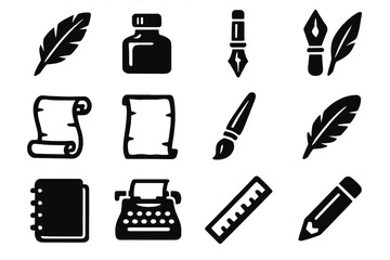 Brutalist Writing Icons. Inkwork icon set in silhouette bold style. Contain quill, ink bottle, fountain pen, calligraphy nib, scroll, parchment, brush, feather, notebook, typewriter, ruler, pencil