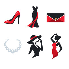 Obraz premium Elegant Fashion Icons. Fashion elegance vector set in modern flat style : high heel shoe, evening gown, clutch bag, pearl necklace, hat silhouette, graceful pose