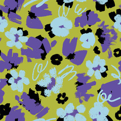 Seamless abstract floral pattern featuring bold hand-painted textured purple and blue shapes on a green background. Ideal for textile prints, packaging, wallpapers, fabric design
