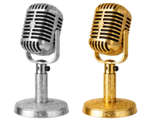 Vintage glitter microphone set in gold and silver colors isolated on transparent background, generative ai
