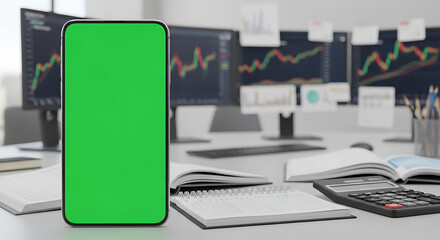 A green screen smartphone on a modern office desk with financial graphs on computer monitors