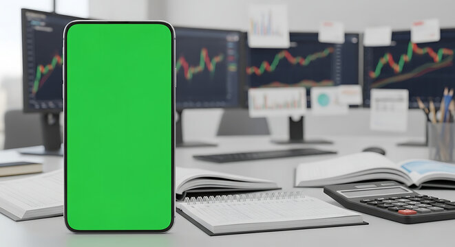 A green screen smartphone on a modern office desk with financial graphs on computer monitors - Powered by Adobe