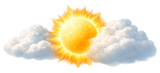 Bright sun emerging from soft clouds isolated on transparent background, generative ai
