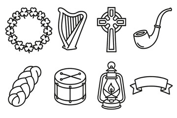 Irish Icon Collection. St. Patrick’s Day Irish Traditions set in outline vector style: clover wreath, harp silhouette, Celtic cross, rustic pipe, braided bread,