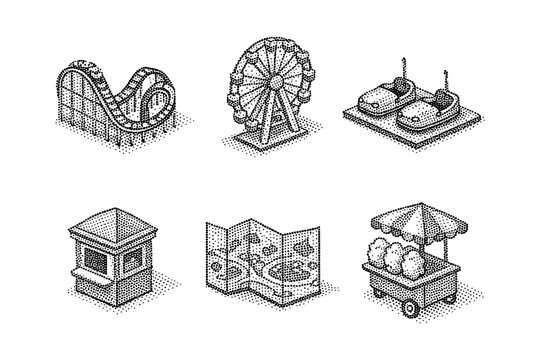 Isometric halftone carnival icons: roller coaster, ferris wheel, bumper cars, ticket booth, map, and cart