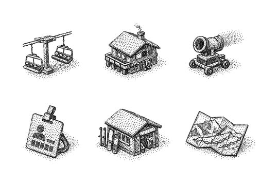 Dotwork ski resort icons: chairlift, lodge, snow cannon, pass, cabin, map in halftone style
