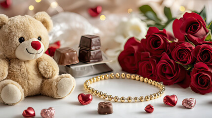 Valentine&rsquo;s Day Romantic Gift Collection Including a Gold Bracelet on transparent background
