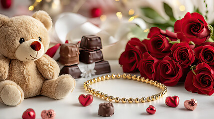 Valentine&rsquo;s Day Romantic Gift Collection Including a Gold Bracelet on transparent background