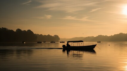 Serene Boat on Calm Water at Sunset.
