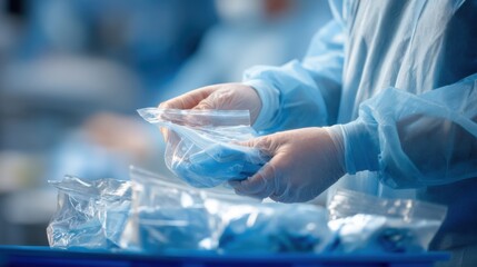 Healthcare worker unwrapping recycled panel samples in a clinic setting captured midaction with a blurred background to emphasize sustainable material selection.