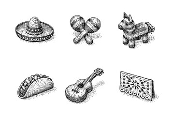 Vintage halftone mexican fiesta elements with sombrero, maracas, and taco