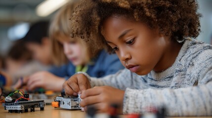 Young kids focused on assembling simple robots during an afterschool robotics and coding bootcamp with blurred classroom background creating an immersive learning environment.