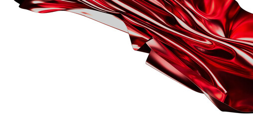 Dynamic abstract image featuring red glossy fabric with fluid waves, isolated on white. Perfect for backgrounds, texture