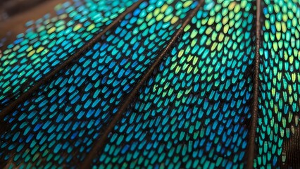 Vibrant peacock feather close-up with shimmering blue and green scales