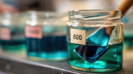 Closeup of a spatula stirring a custom teal ink blend jars labeled with color codes softly out of focus in a print shop.