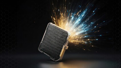 Sleek Carbon Fiber Wallet with Dynamic Light Streaks on Dark Background.