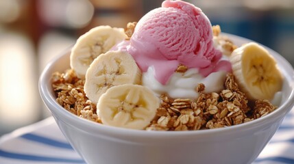 A delicious bowl of granola topped with sliced bananas, yogurt, and a scoop of pink ice cream for a healthy breakfast or dessert