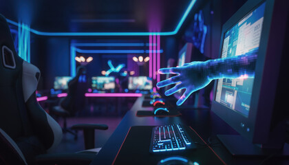 Ghostly blue digital hand reaching from computer monitor screen brings spooky virtual reality into neon cyber gaming room creating scary technological nightmare via artificial intelligence