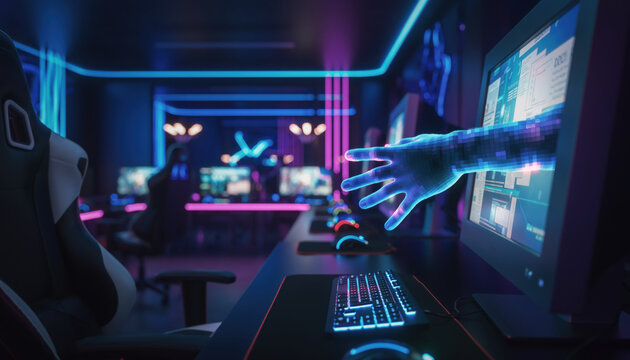 Ghostly blue digital hand reaching from computer monitor screen brings spooky virtual reality into neon cyber gaming room creating scary technological nightmare via artificial intelligence